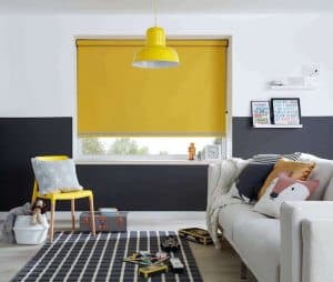 mustard yellow colourful style roller blinds in modern contemporary living room decor